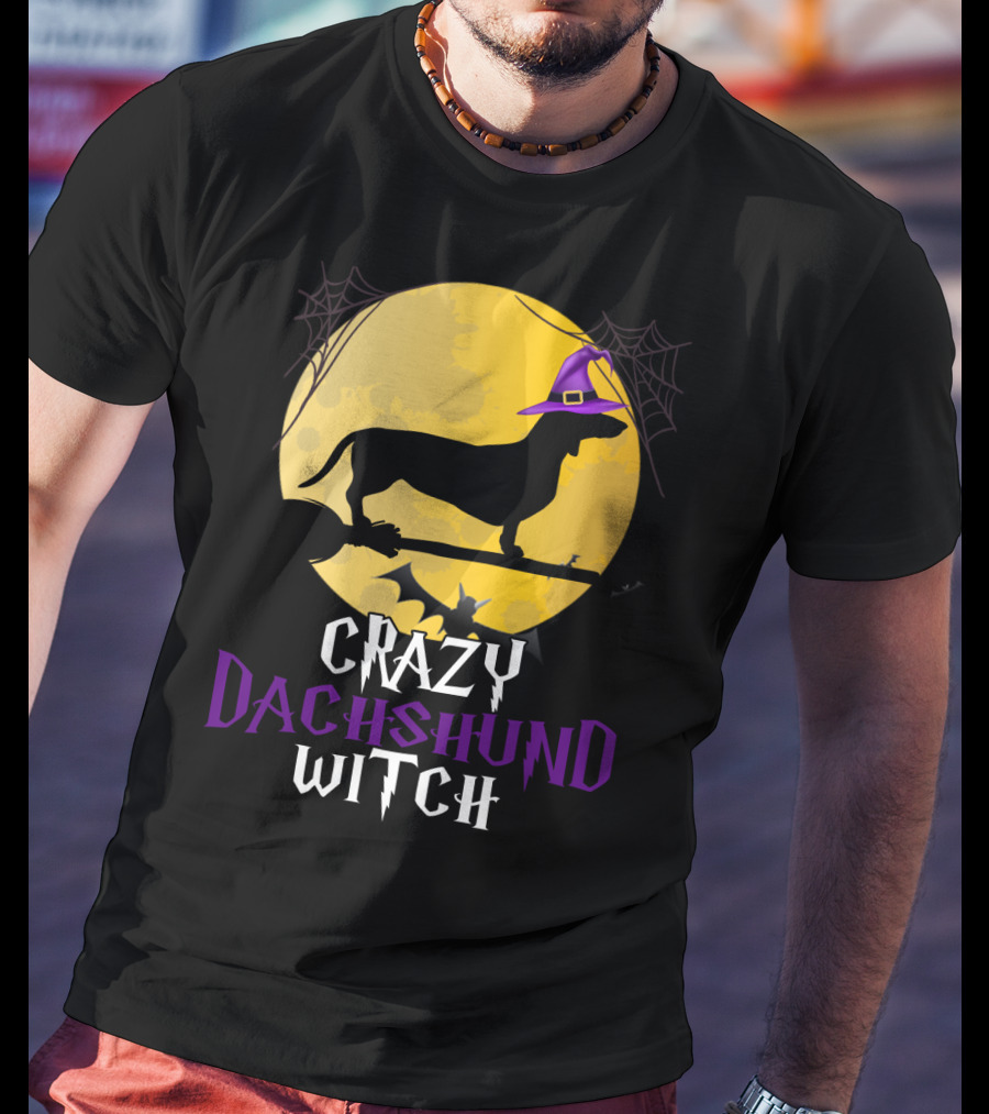 Crazy Dachshund Witch Dog Halloween Moon Silhouette With Broomstick And Purple Hat T-Shirt