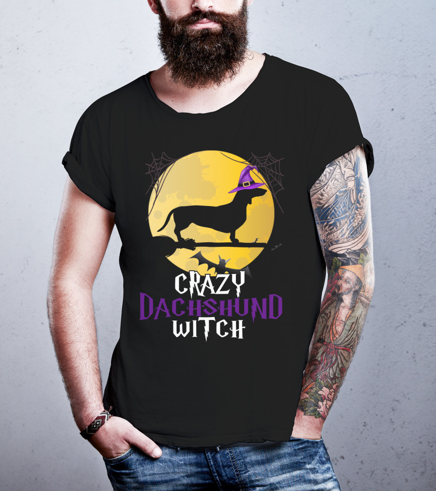 Crazy Dachshund Witch Dog Halloween Moon Silhouette With Broomstick And Purple Hat T-Shirt