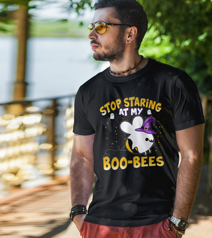 Stop Staring At My Boo Bees Halloween Ghost Bees With Witch Hat And Yellow Dots T-Shirt