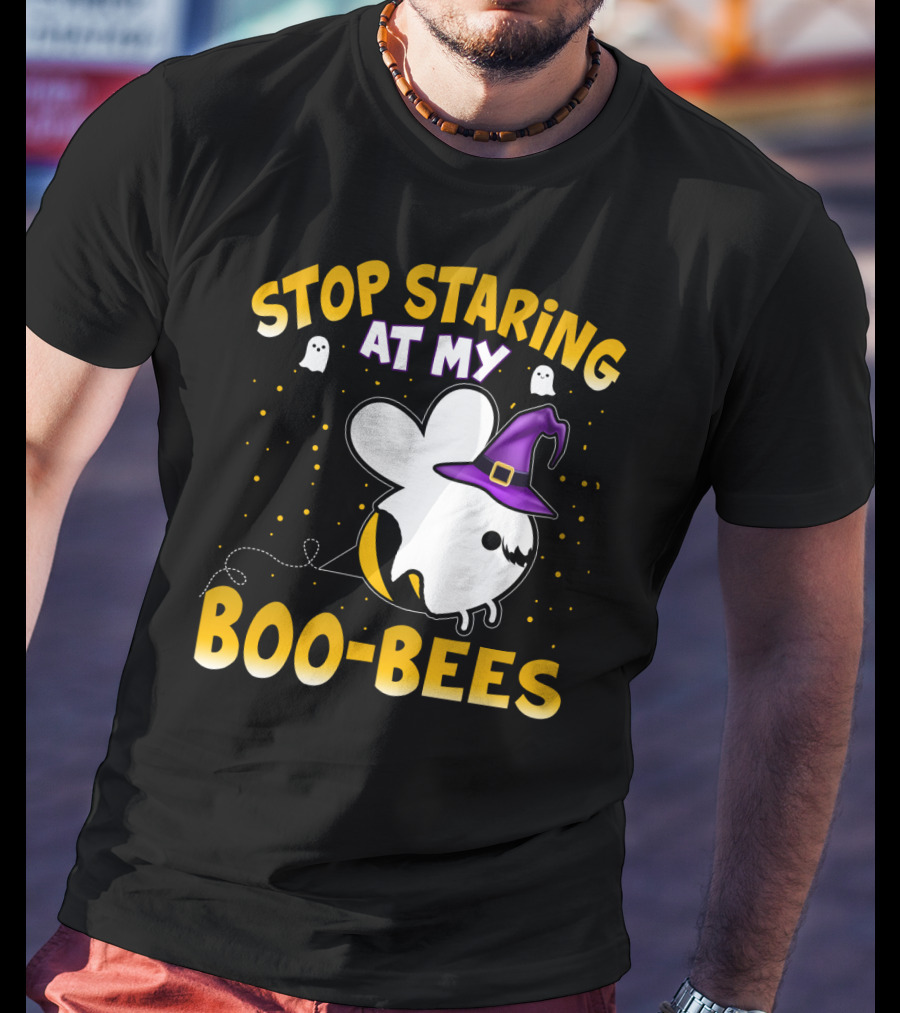 Stop Staring At My Boo Bees Halloween Ghost Bees With Witch Hat And Yellow Dots T-Shirt
