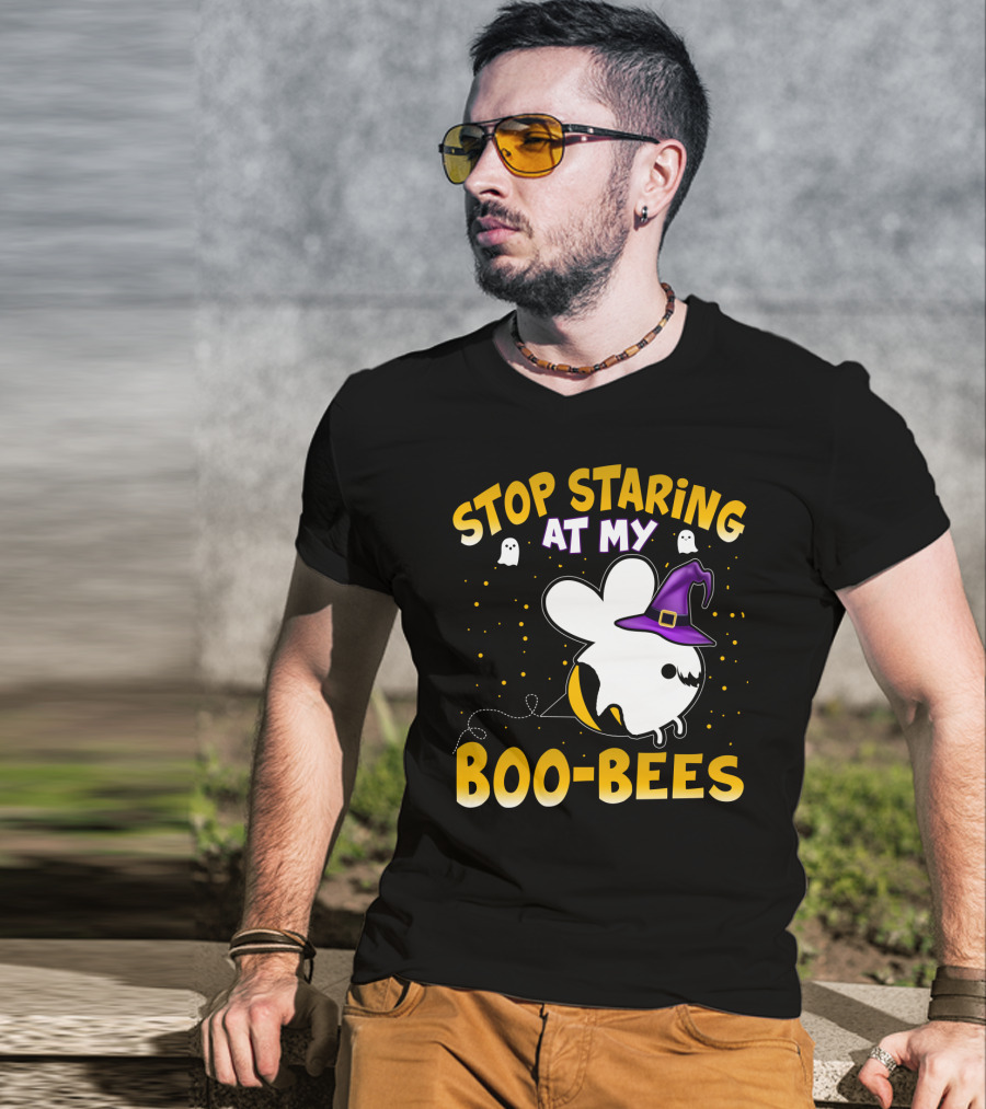 Stop Staring At My Boo Bees Halloween Ghost Bees With Witch Hat And Yellow Dots T-Shirt