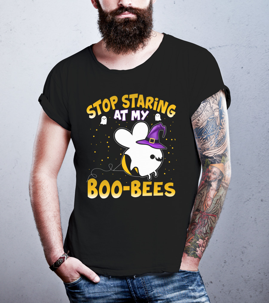 Stop Staring At My Boo Bees Halloween Ghost Bees With Witch Hat And Yellow Dots T-Shirt