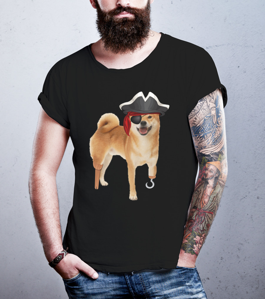 Shiba Inu Pirate With Hook And Peg Leg For Halloween Dog Lovers T-Shirt