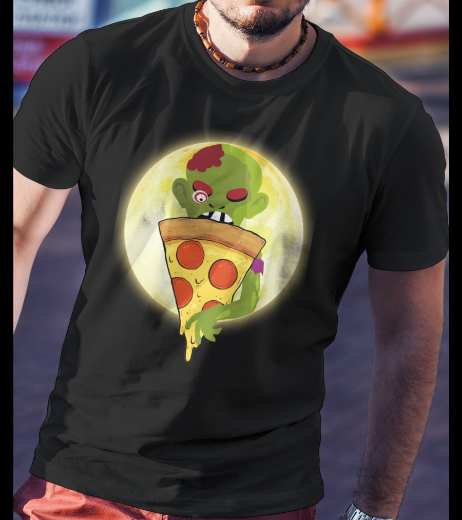 Zombie Eating Pepperoni Pizza Under Full Moon T-Shirt