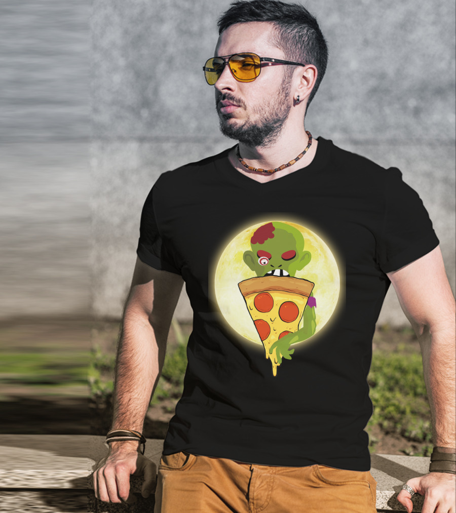 Zombie Eating Pepperoni Pizza Under Full Moon T-Shirt