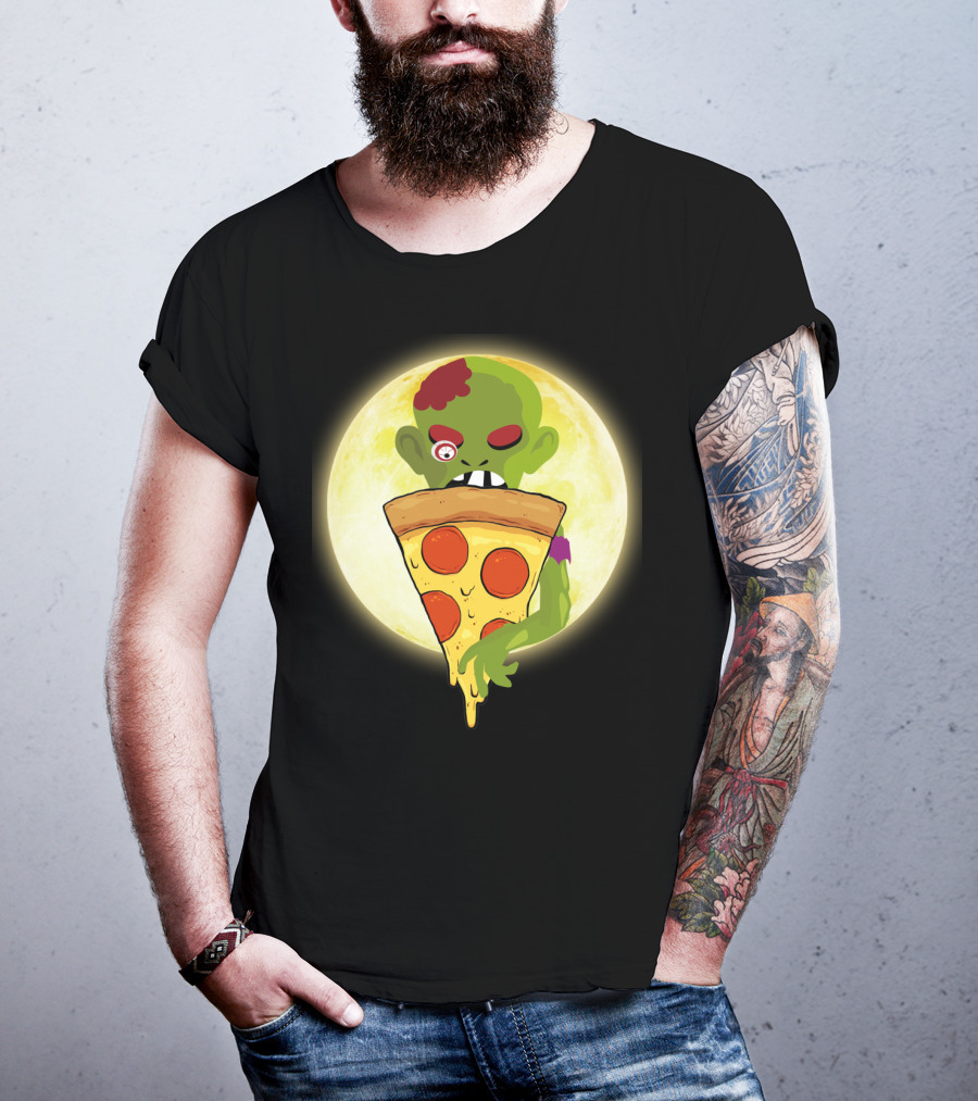 Zombie Eating Pepperoni Pizza Under Full Moon T-Shirt