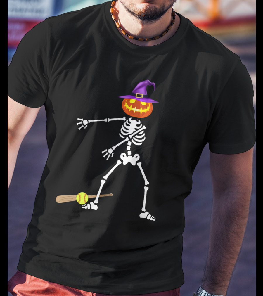 Skeleton Pumpkin Witch Performing Floss Dance With Softball Bat T-Shirt
