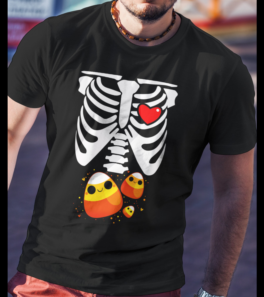Skeleton Ribs Heart With Cute Candy Corn Halloween Food T-Shirt