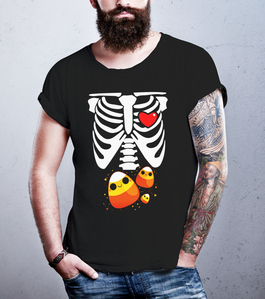 Skeleton Ribs Heart With Cute Candy Corn Halloween Food T-Shirt