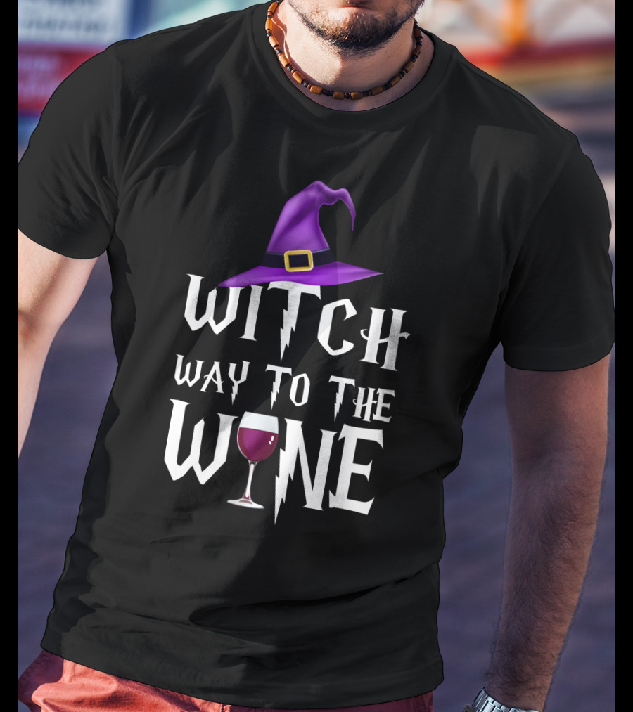 Purple Witch Hat And Wine Glass With Witch Way To The Wine Text In Lightning Font T-Shirt