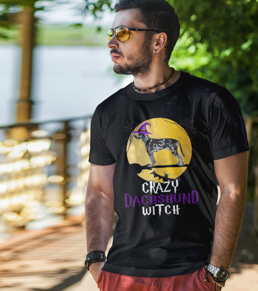 Crazy Dachshund Witch Dog With Purple Hat And Broom Halloween T-Shirt