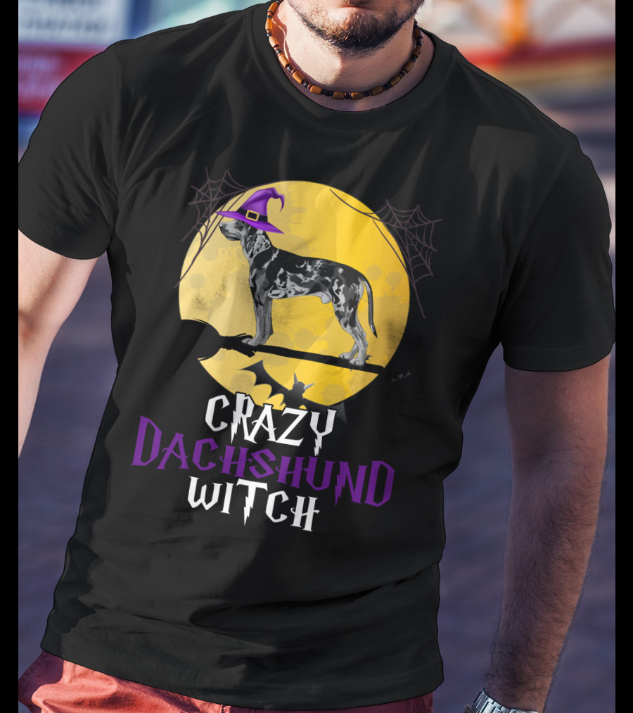Crazy Dachshund Witch Dog With Purple Hat And Broom Halloween T-Shirt