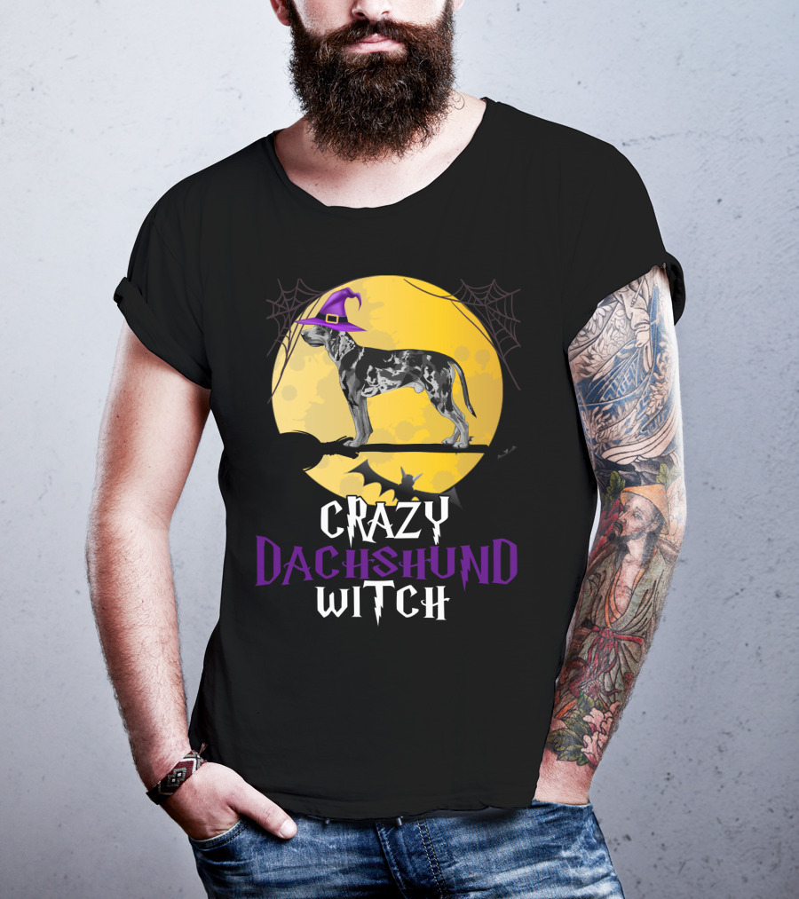 Crazy Dachshund Witch Dog With Purple Hat And Broom Halloween T-Shirt