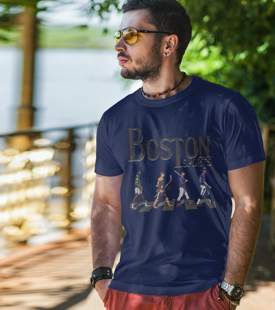 Boston Sports Evolution Inspired By Iconic Athletes In Green Basketball, Yellow Hockey, Baseball, And Blue Football Jerseys T-Shirt