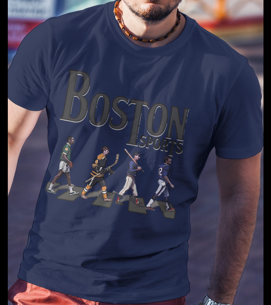 Boston Sports Evolution Inspired By Iconic Athletes In Green Basketball, Yellow Hockey, Baseball, And Blue Football Jerseys T-Shirt