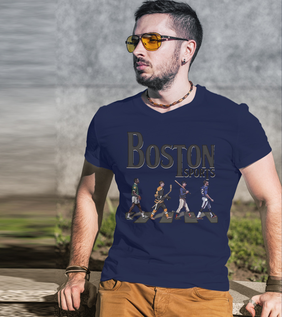 Boston Sports Evolution Inspired By Iconic Athletes In Green Basketball, Yellow Hockey, Baseball, And Blue Football Jerseys T-Shirt