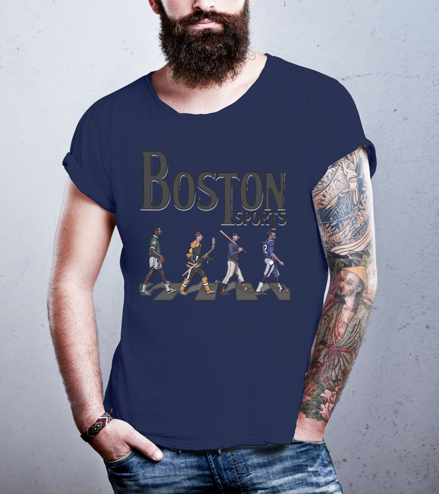 Boston Sports Evolution Inspired By Iconic Athletes In Green Basketball, Yellow Hockey, Baseball, And Blue Football Jerseys T-Shirt
