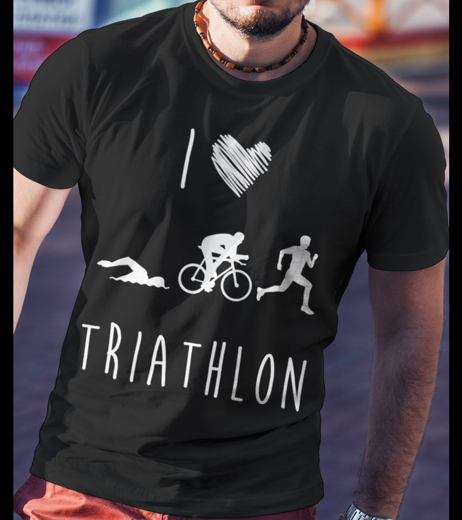 I Love Triathlon Featuring Swim Bike Run Iconography T-Shirt