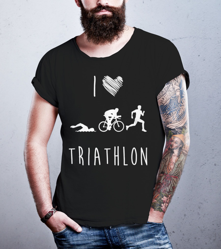 I Love Triathlon Featuring Swim Bike Run Iconography T-Shirt