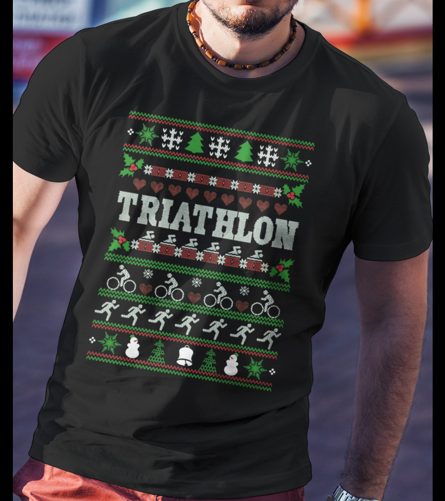 Triathlon Christmas Ugly Sweater Design With Swim Bike Run Motifs T-Shirt