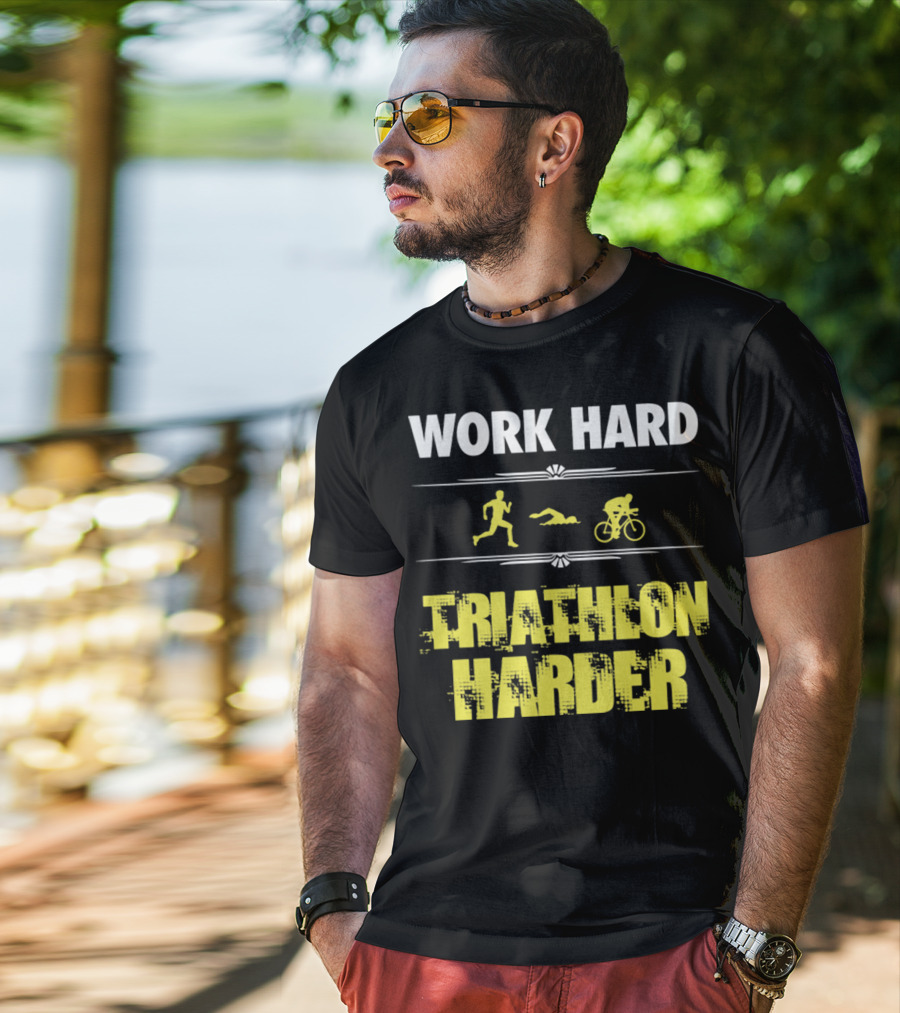 Work Hard Triathlon Harder Running Swimming Cycling Icons T-Shirt