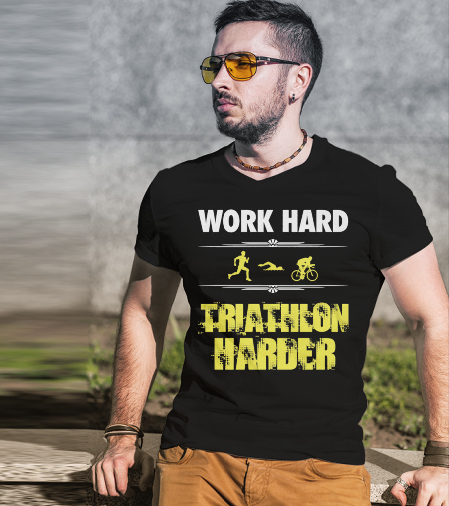 Work Hard Triathlon Harder Running Swimming Cycling Icons T-Shirt