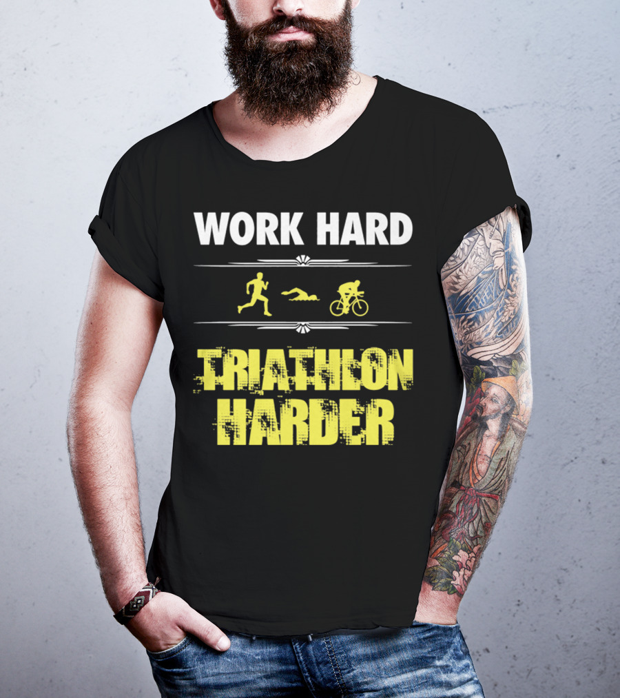 Work Hard Triathlon Harder Running Swimming Cycling Icons T-Shirt