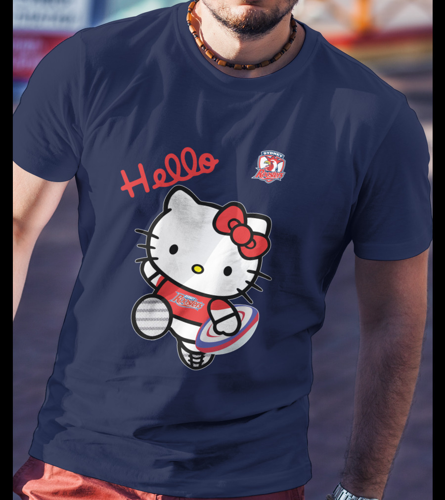 Hello Kitty Sydney Roosters NRL001 Red Bow Rugby Character T-Shirt