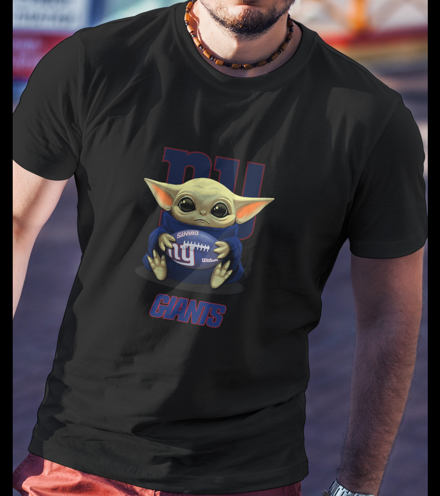 New York Giants Baby Yoda Holding Football With NY Giants T-Shirt