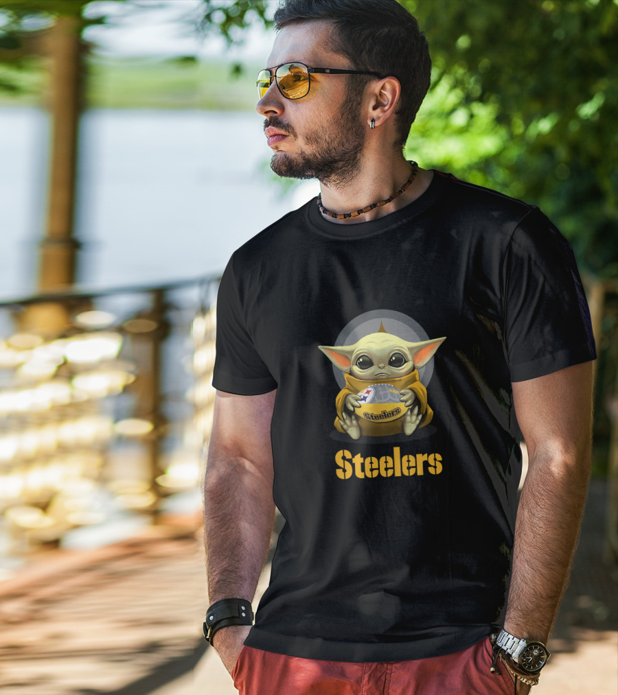 Steelers Baby Yoda With Football And Pittsburgh T-Shirt
