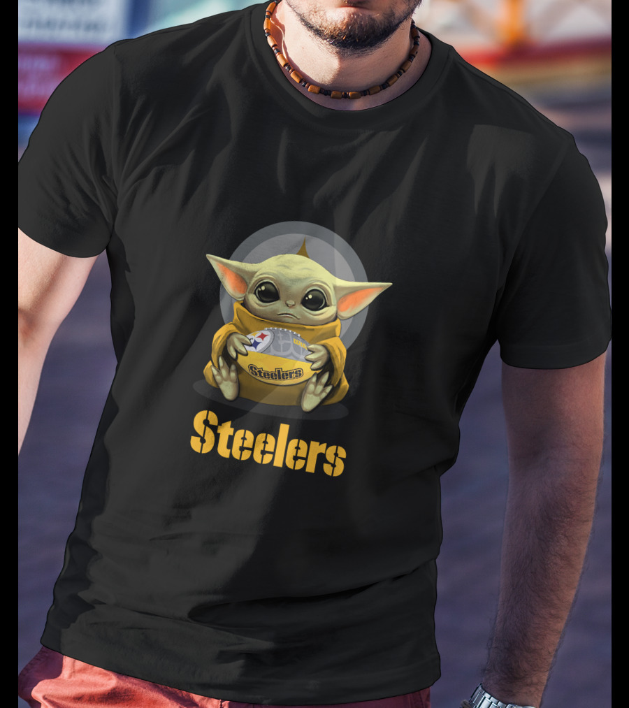 Steelers Baby Yoda With Football And Pittsburgh T-Shirt