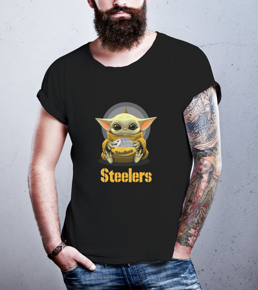 Steelers Baby Yoda With Football And Pittsburgh T-Shirt