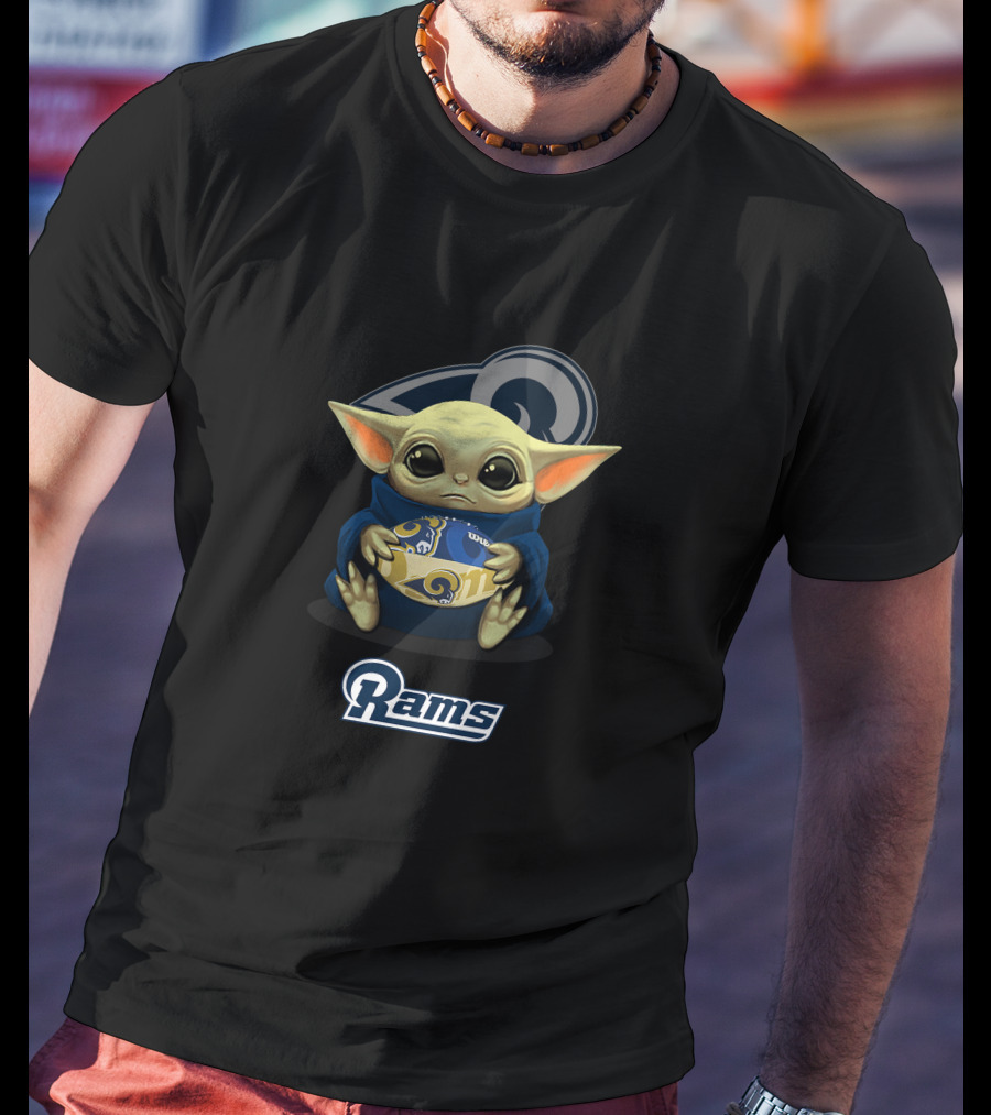 Los Angeles Rams Baby Yoda Holding Team Football T-Shirt