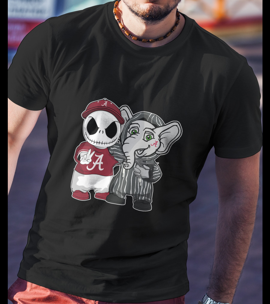Alabama Crimson Tide Jack Skellington With Elephant In Striped T-Shirt