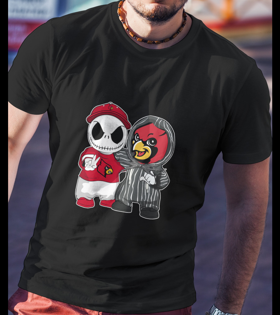 Louisville Cardinals Jack Skellington And Cardinal Mascot Duo T-Shirt