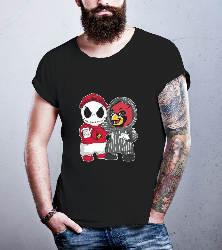 Louisville Cardinals Jack Skellington And Cardinal Mascot Duo T-Shirt