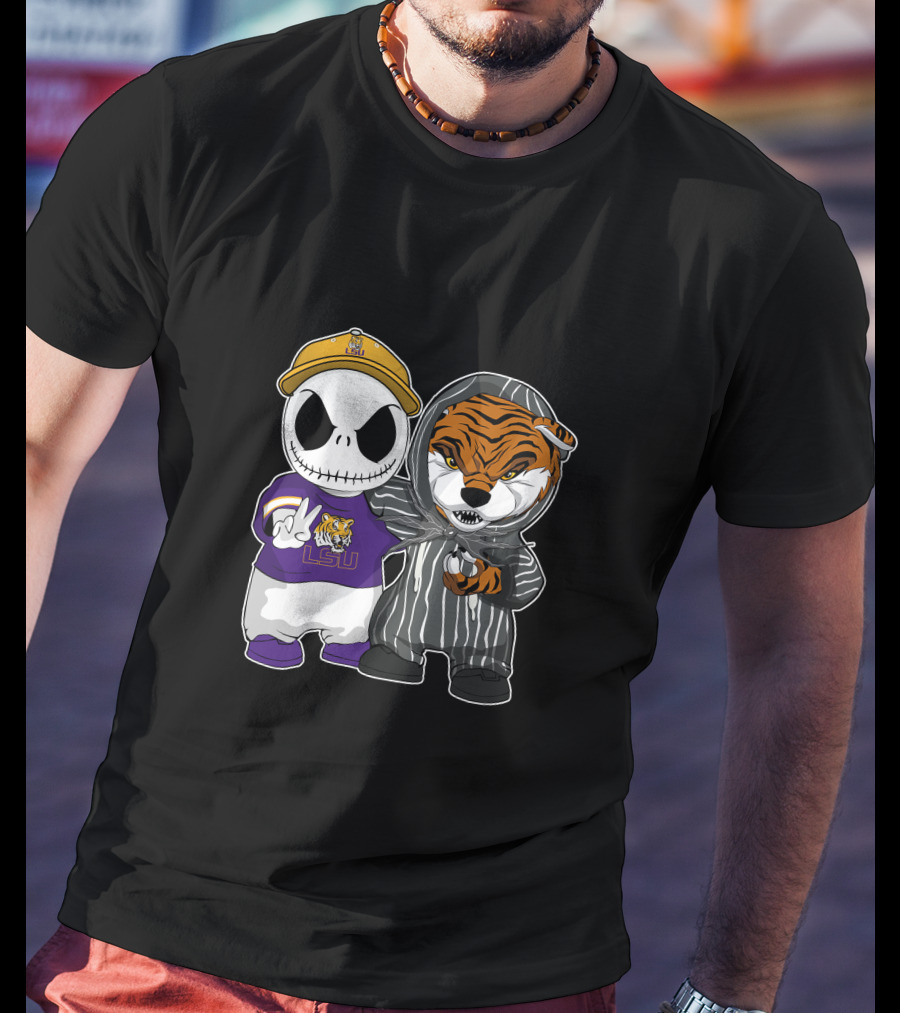 LSU Tigers Jack Skellington And Tiger Mascot Crossover T-Shirt
