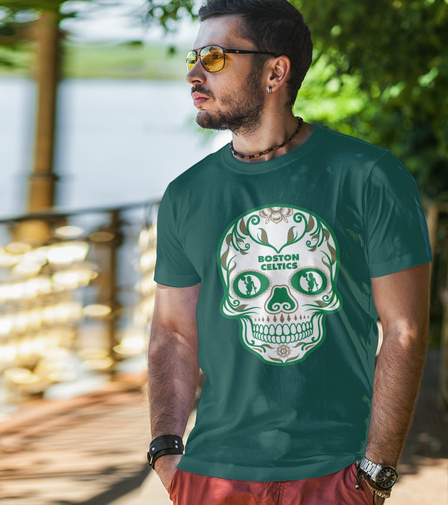Boston Celtics Skull With Celtic Symbols And Basketball Mascot T-Shirt