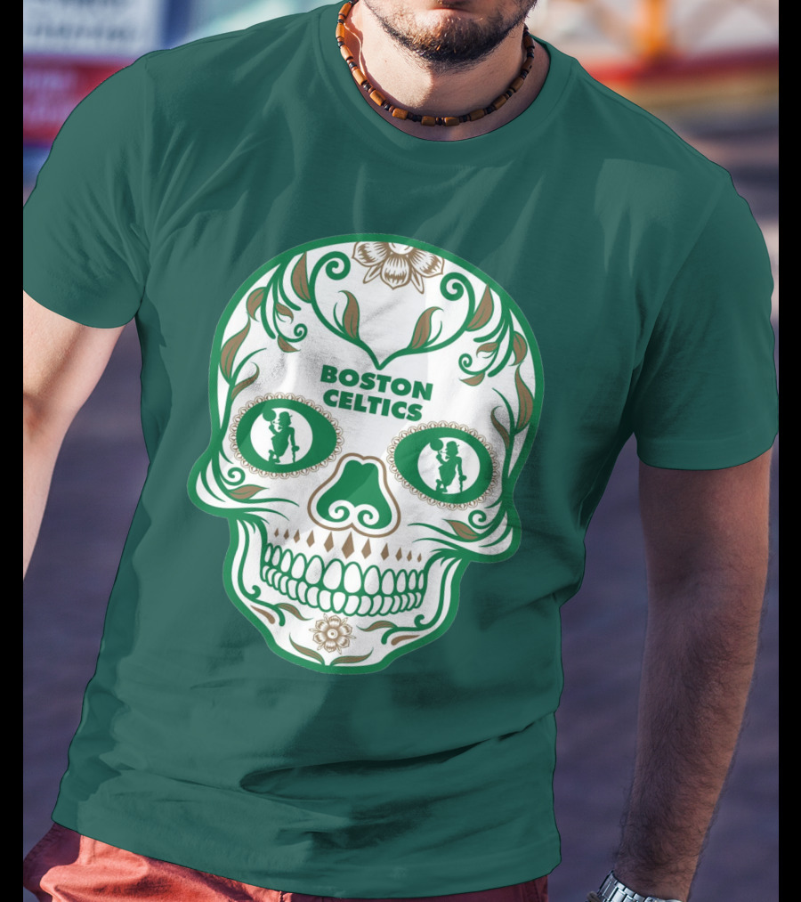 Boston Celtics Skull With Celtic Symbols And Basketball Mascot T-Shirt