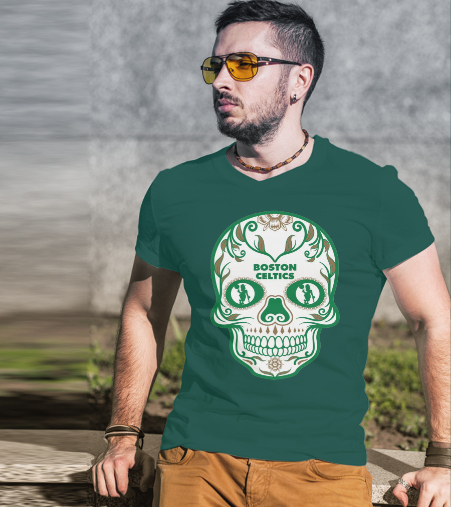 Boston Celtics Skull With Celtic Symbols And Basketball Mascot T-Shirt