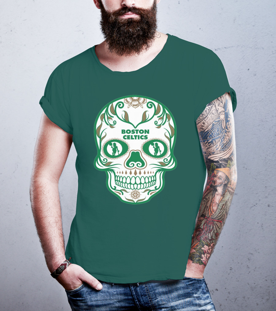 Boston Celtics Skull With Celtic Symbols And Basketball Mascot T-Shirt