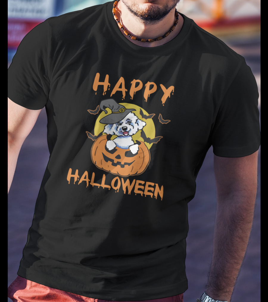 Happy Halloween Bichon Frise Pumpkin Witch Hat T-Shirt