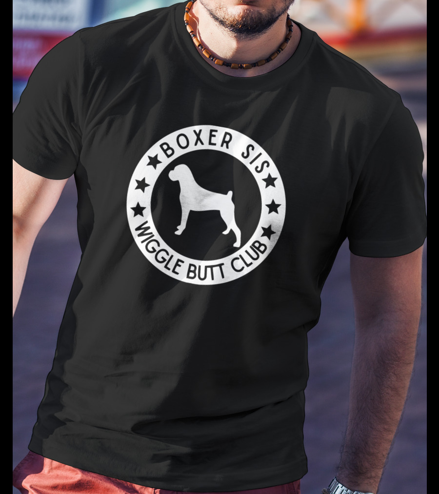 Boxer Sis Wiggle Butt Club Dog Silhouette Circle With Stars T-Shirt