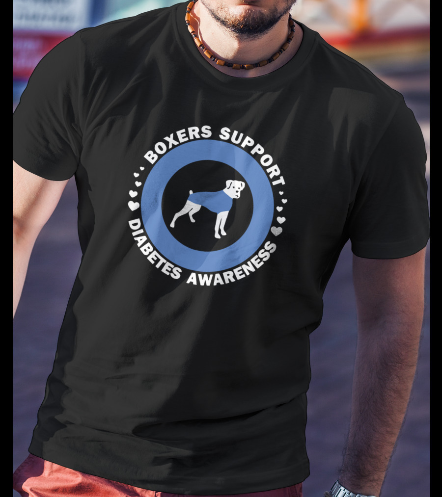 Boxers Support Diabetes Awareness With Heart Symbols And Boxer In Blue Circle T-Shirt