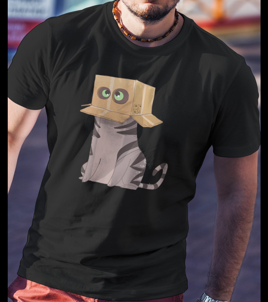 Cat In The Box With Big Eyes Wearing Cardboard Hat T-Shirt