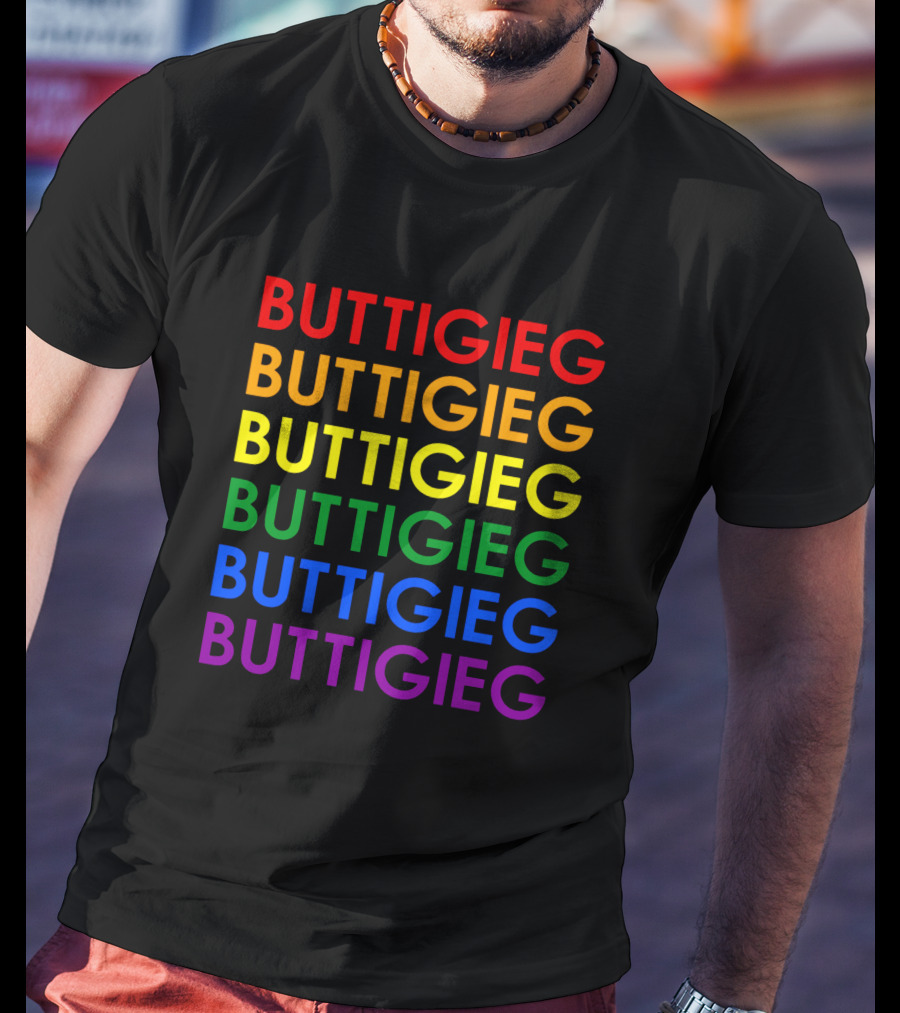 BUTTIGIEG Rainbow Pride Colors Text T-Shirt