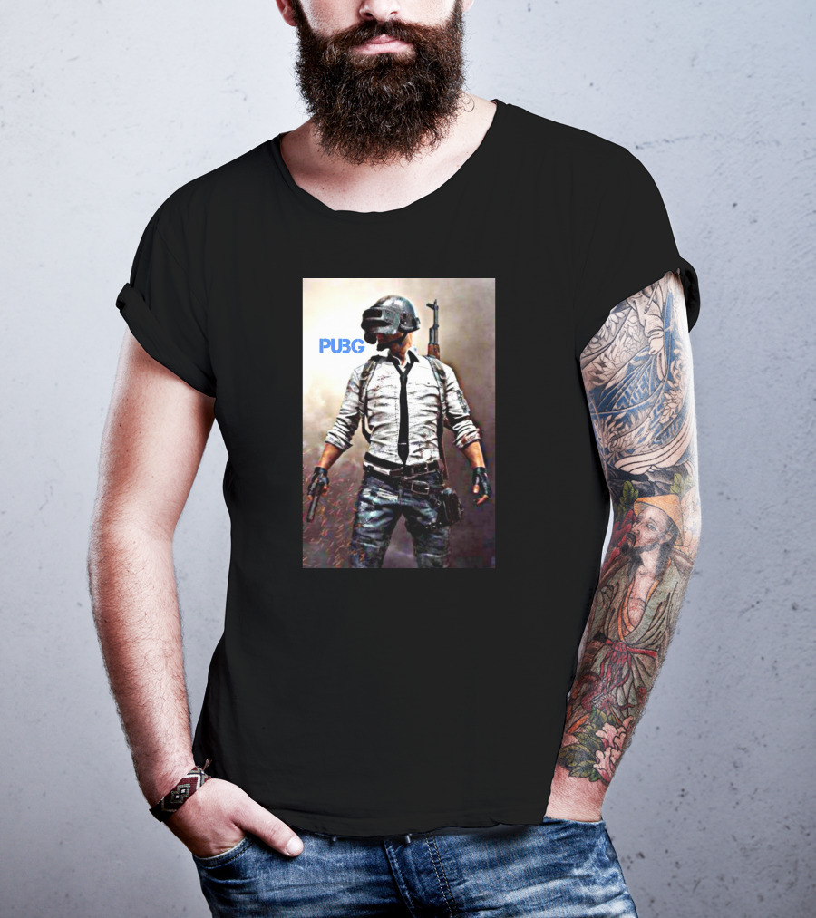 PUBG Battlegrounds Helmet Character With Gun And Tie T-Shirt