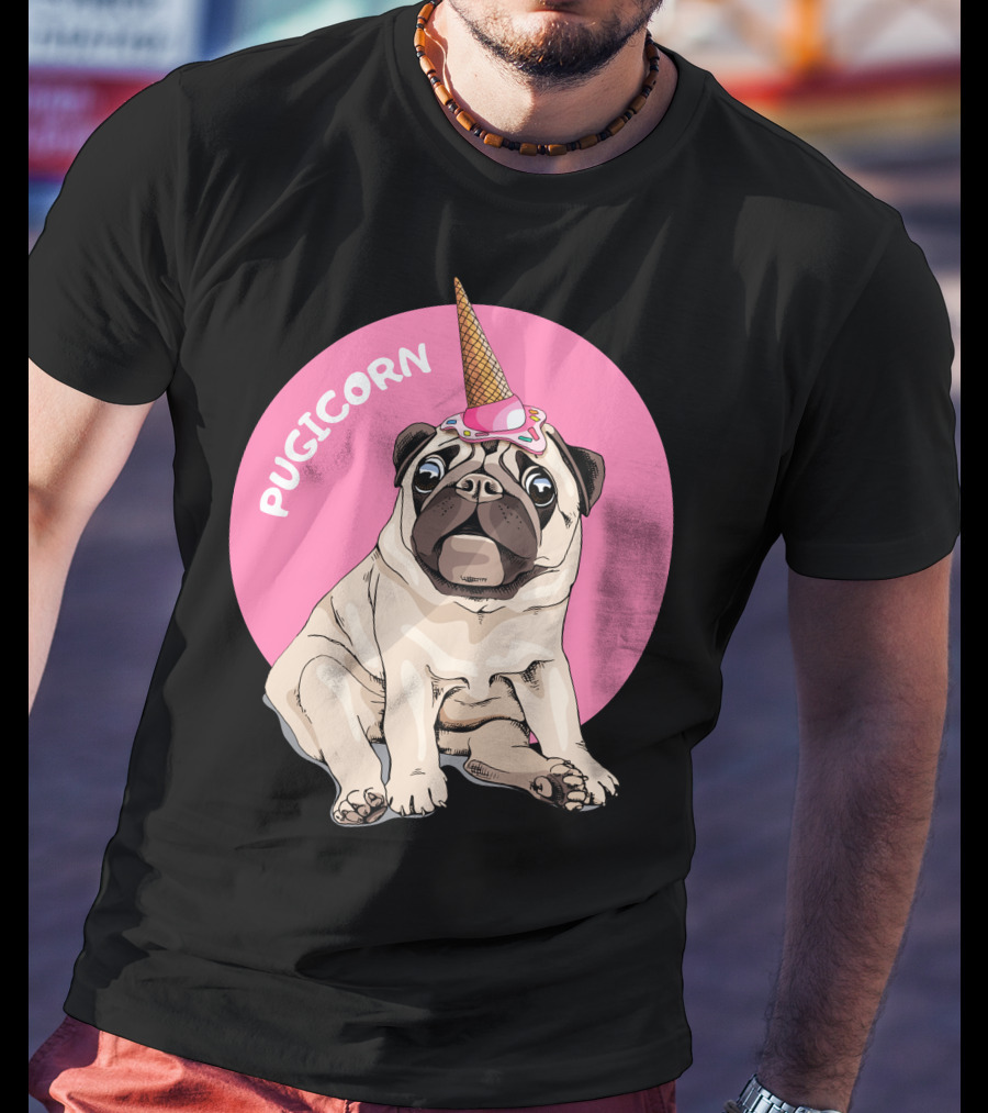 Pugicorn Ice Cream Cone Hat Sitting Pug Pink Circle T-Shirt