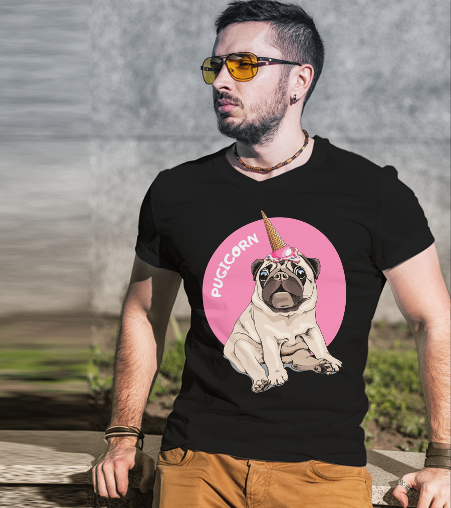 Pugicorn Ice Cream Cone Hat Sitting Pug Pink Circle T-Shirt