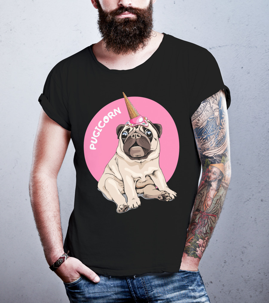Pugicorn Ice Cream Cone Hat Sitting Pug Pink Circle T-Shirt